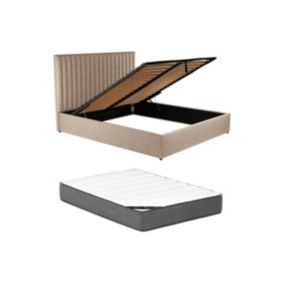 Lit coffre 160 x 200 cm avec tête de lit coutures verticales - Tissu - Taupe + Matelas - SARAH