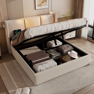 Lit Coffre 160 x 200 Cm - Lit Double avec Lampe de Lecture et Charge USB - Bois Massif et PU - Sans Matelas - Beige