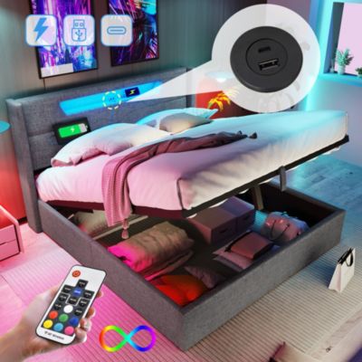 Lit coffre 160 x 200 cm - Lit double avec USB Type-C + Éclairage LED - Lin - Sans Matelas - Gris