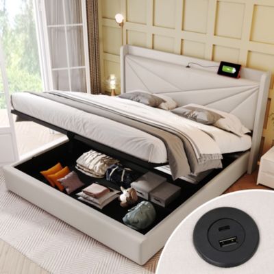 Lit coffre 160 x 200 cm - Lit double capitonné avec sommier à lattes et charge USB Type C - Coton et métal - Sans Matelas - Beige