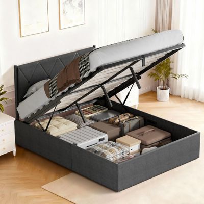 Lit Coffre 160 X 200 cm, Sommier Relevable, Avec Rangement, Tête De Lit, Gris