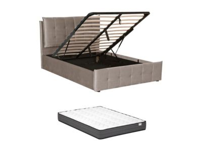 Lit coffre 160 x 200 cm - Velours - Gris clair + Matelas - OLERIA