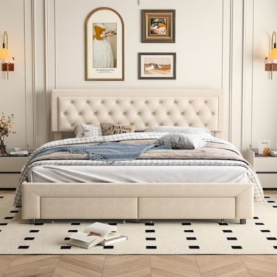 Lit coffre 160x200 avec 2 tiroirs, Lit rembourré avec sommier à lattes, tissu en velours et décoration de boutons, beige