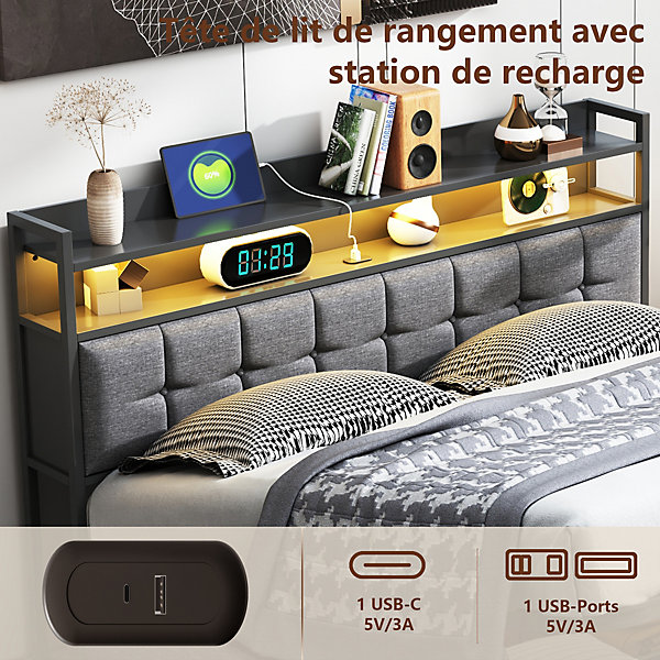 Lit Cofe 160x200 cm avec USB et Type-C, Lit 160x200 avec Sommier à Lit Cofe 160x200 cm avec USB et Type-C, Lit 160x200 avec Sommier à