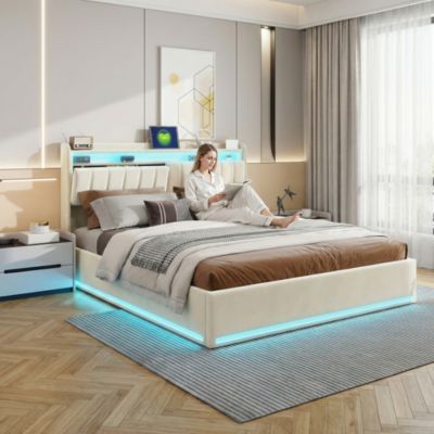 Lit Coffre 160x200 cm avec éclairage LED et Charge USB, Lit Double avec Rangement, Sommier à Lattes, Velours, Beige