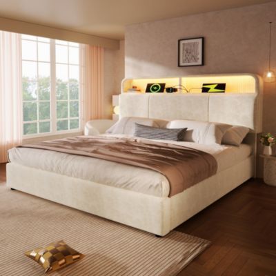 Lit coffre 160x200 cm double, velours beige avec tête de lit réglable, LED et charge USB/Type-C, Sans matelas