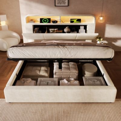 Lit coffre 160x200 cm double, velours beige avec tête de lit réglable, LED et charge USB/Type-C, Sans matelas