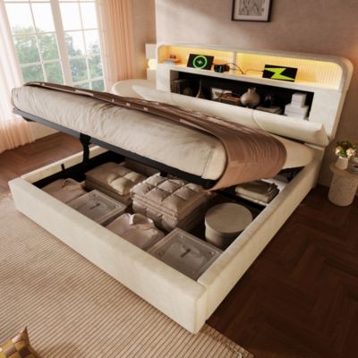 Lit coffre 160x200 cm double, velours beige avec tête de lit réglable, LED et charge USB/Type-C, Sans matelas