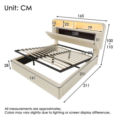 Lit coffre 160x200 cm double, velours beige avec tête de lit réglable, LED et charge USB/Type-C, Sans matelas