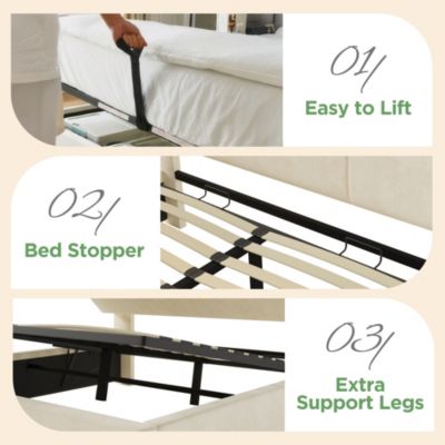 Lit coffre 160x200 cm double, velours beige avec tête de lit réglable, LED et charge USB/Type-C, Sans matelas