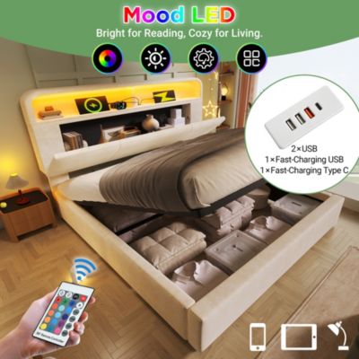 Lit coffre 160x200 cm double, velours beige avec tête de lit réglable, LED et charge USB/Type-C, Sans matelas