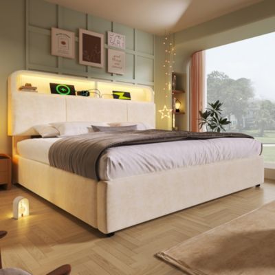 Lit coffre 160x200 cm double, velours beige avec tête de lit réglable, LED et charge USB/Type-C, Sans matelas