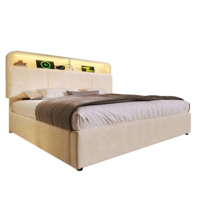 Lit coffre 160x200 cm double, velours beige avec tête de lit réglable, LED et charge USB/Type-C, Sans matelas