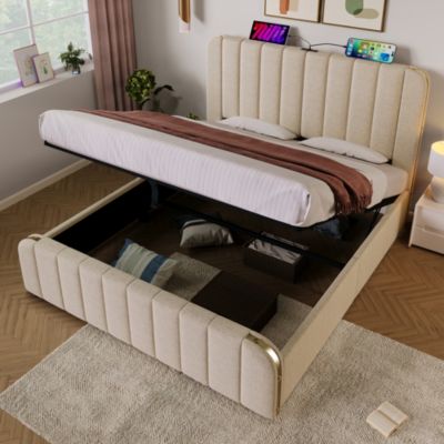 Lit coffre 160x200 cm en lin beige avec tête de lit USB/Type-C