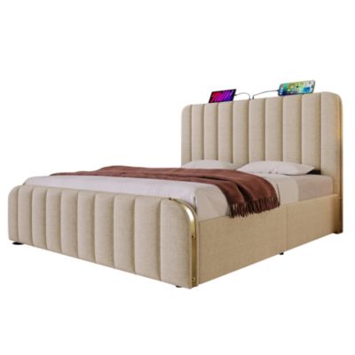Lit coffre 160x200 cm en lin beige avec tête de lit USB/Type-C