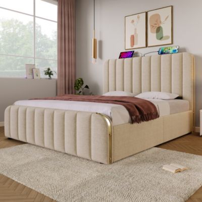 Lit coffre 160x200 cm en lin beige avec tête de lit USB/Type-C