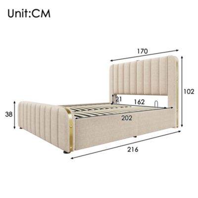 Lit coffre 160x200 cm en lin beige avec tête de lit USB/Type-C
