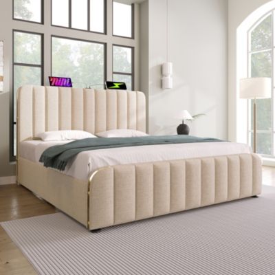 Lit coffre 160x200 cm en lin beige avec tête de lit USB/Type-C
