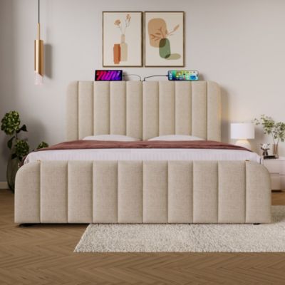 Lit coffre 160x200 cm en lin beige avec tête de lit USB/Type-C