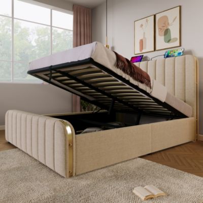 Lit coffre 160x200 cm en lin beige avec tête de lit USB/Type-C