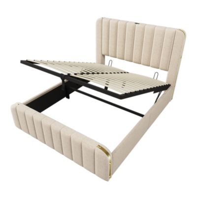 Lit coffre 160x200 cm en lin beige avec tête de lit USB/Type-C