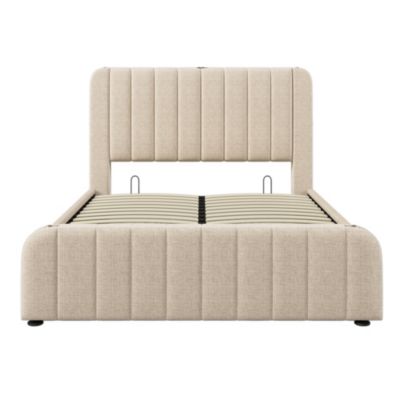 Lit coffre 160x200 cm en lin beige avec tête de lit USB/Type-C