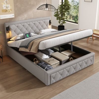 Lit coffre 160x200 cm en lin gris avec USB, éclairage et sommier à lattes