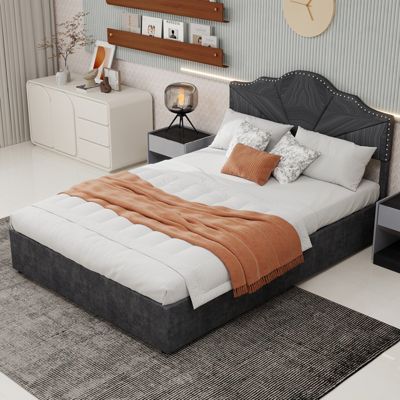 Lit coffre 160x200 cm en tissu gris avec tête de lit géométrique