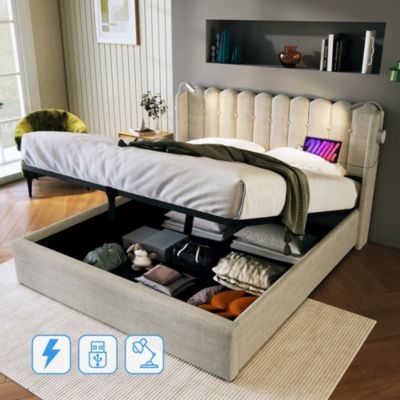 Lit Coffre 160x200 Cm - Lit Double avec Lampe de Lecture et Ports USB ...