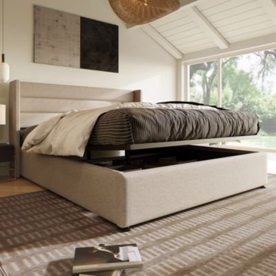 Lit coffre 160x200 cm, lit double avec rangement intégré, tête de lit rayée, sommier à lattes, tissu lin, design moderne, Beige
