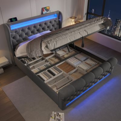 Lit Coffre 160x200 cm - Lit Double en Velours Gris avec Éclairage LED et Prises USB/Type-C - Sans Matelas