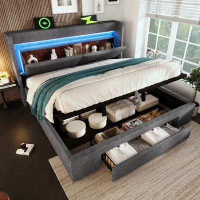 Lit Coffre 160x200 cm - Lit Double Rembourré avec LED et USB, Niche de Rangement, sans Matelas, en Lin Gris