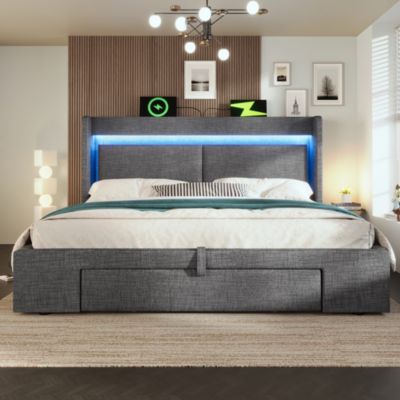 Lit Coffre 160x200 cm - Lit Double Rembourré avec LED et USB, Niche de Rangement, sans Matelas, en Lin Gris