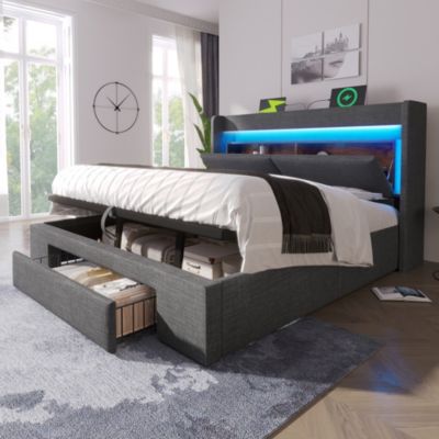 Lit Coffre 160x200 cm - Lit Double Rembourré avec LED et USB, Niche de Rangement, sans Matelas, en Lin Gris
