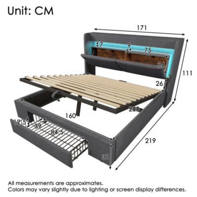 Lit Coffre 160x200 cm - Lit Double Rembourré avec LED et USB, Niche de Rangement, sans Matelas, en Lin Gris