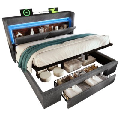 Lit Coffre 160x200 cm - Lit Double Rembourré avec LED et USB, Niche de Rangement, sans Matelas, en Lin Gris