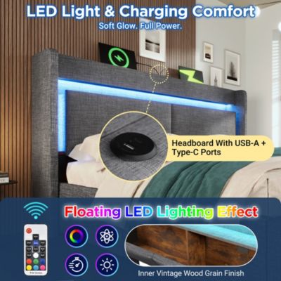 Lit Coffre 160x200 cm - Lit Double Rembourré avec LED et USB, Niche de Rangement, sans Matelas, en Lin Gris