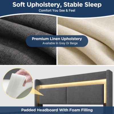 Lit Coffre 160x200 cm - Lit Double Rembourré avec LED et USB, Niche de Rangement, sans Matelas, en Lin Gris