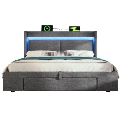Lit Coffre 160x200 cm - Lit Double Rembourré avec LED et USB, Niche de Rangement, sans Matelas, en Lin Gris