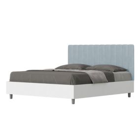 Lit coffre 160x200 structure frêne blanc avec tête de lit mélamine/microfibre Kaia bleu clair