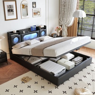 Lit Coffre 160x200cm avec Éclairage LED et Port USB, Lit Double Rembourré avec Rangement, Pour Adultes et Adolescents, PU, Noir
