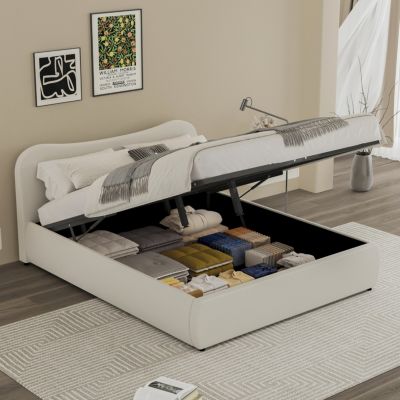 Lit coffre 160x200cm design arrondi velours côtelé beige PLANO