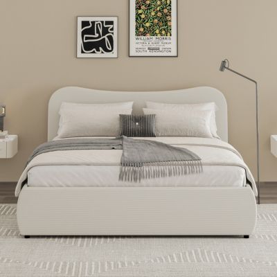 Lit coffre 160x200cm design arrondi velours côtelé beige PLANO