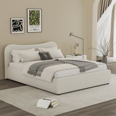 Lit coffre 160x200cm design arrondi velours côtelé beige PLANO