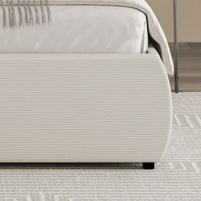 Lit coffre 160x200cm design arrondi velours côtelé beige PLANO