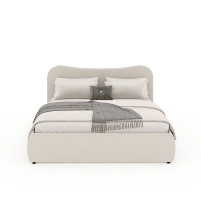 Lit coffre 160x200cm design arrondi velours côtelé beige PLANO
