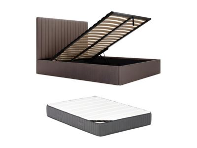 Lit coffre 180 x 200 cm avec tête de lit coutures verticales - Velours côtelé - Taupe + Matelas - SARAH