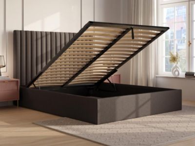 Lit coffre 180 x 200 cm avec tête de lit coutures verticales - Velours côtelé - Taupe + Matelas - SARAH