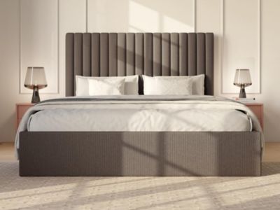 Lit coffre 180 x 200 cm avec tête de lit coutures verticales - Velours côtelé - Taupe + Matelas - SARAH
