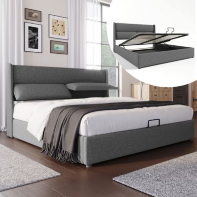 Lit Coffre 180 x 200 Cm - Lit Double avec Tête de Lit Réglable - Bois Massif, Lin, Métal - Sans Matelas - Gris
